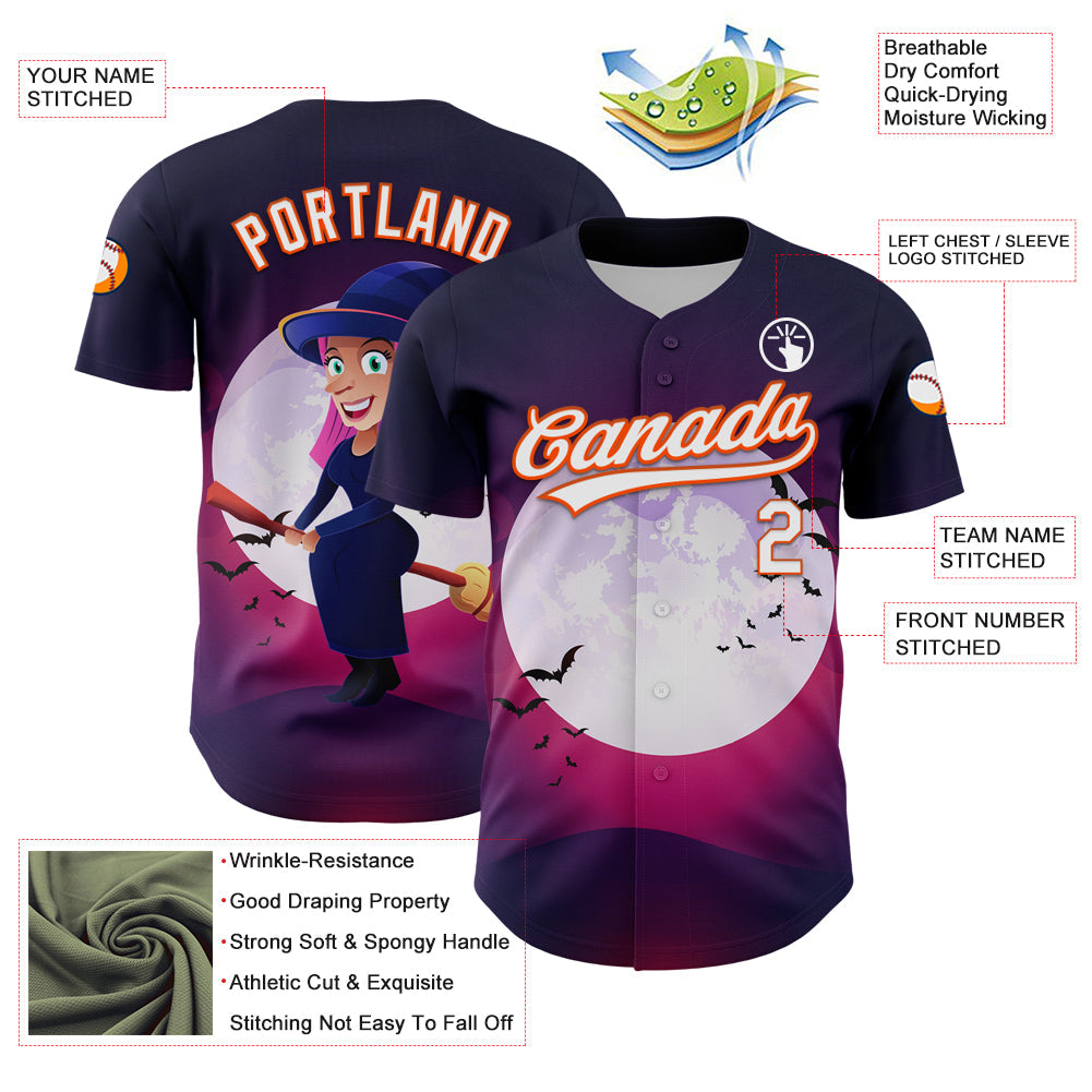 Custom Purple White-Orange 3D Halloween Authentic Baseball Jersey view 3