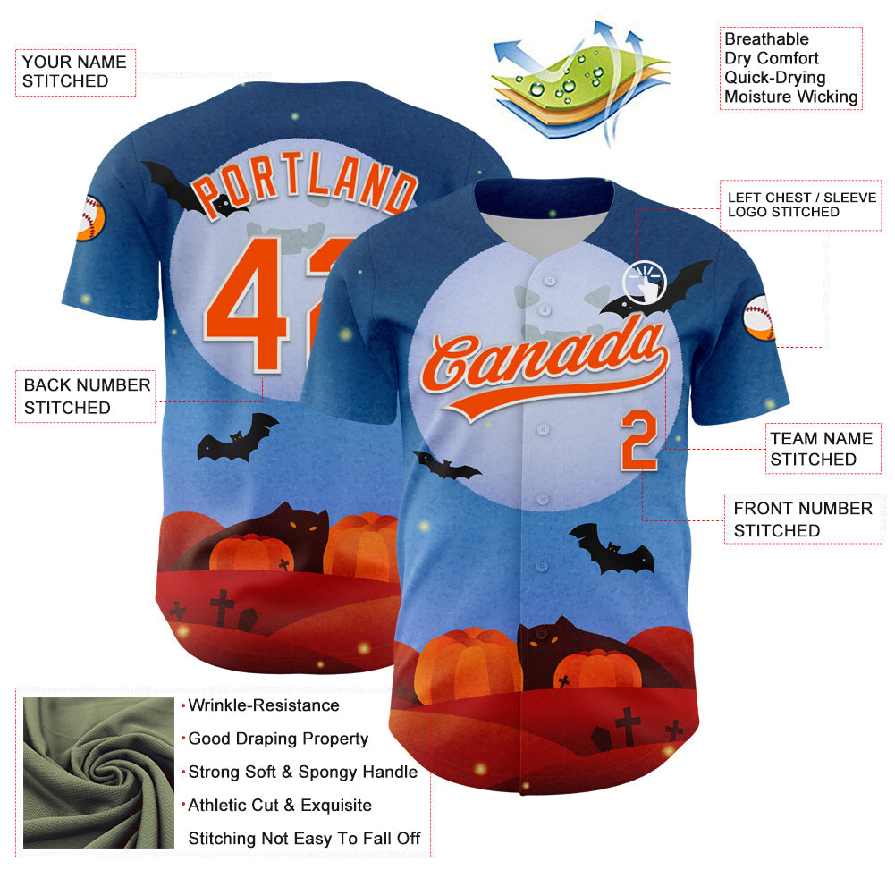 Custom Blue Orange-White 3D Halloween Authentic Baseball Jersey view 3