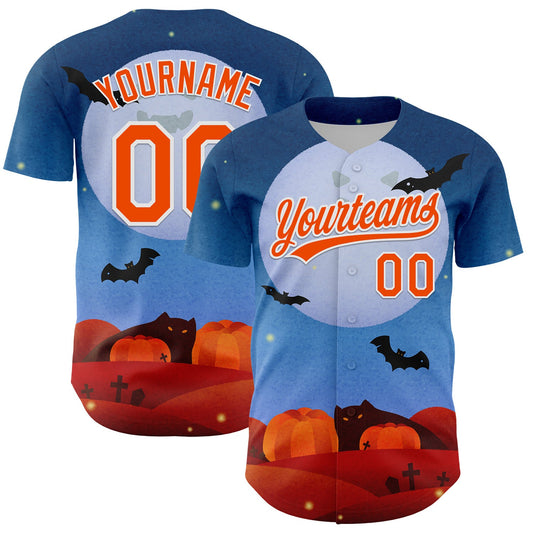 Custom Blue Orange-White 3D Halloween Authentic Baseball Jersey - Main View