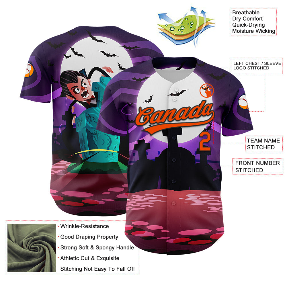 Custom Purple Orange-Black 3D Halloween Authentic Baseball Jersey view 3
