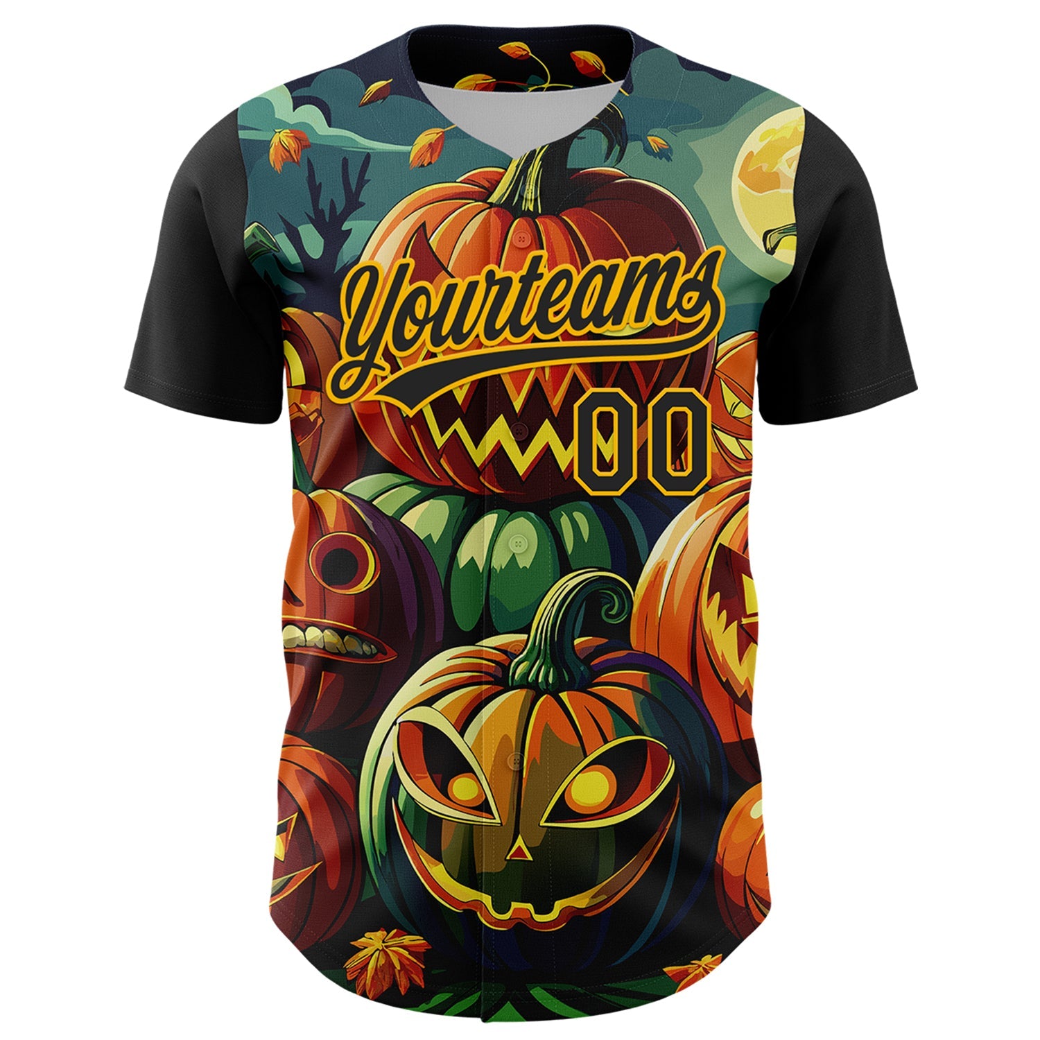 Custom Black Gold 3D Halloween Authentic Baseball Jersey view 2