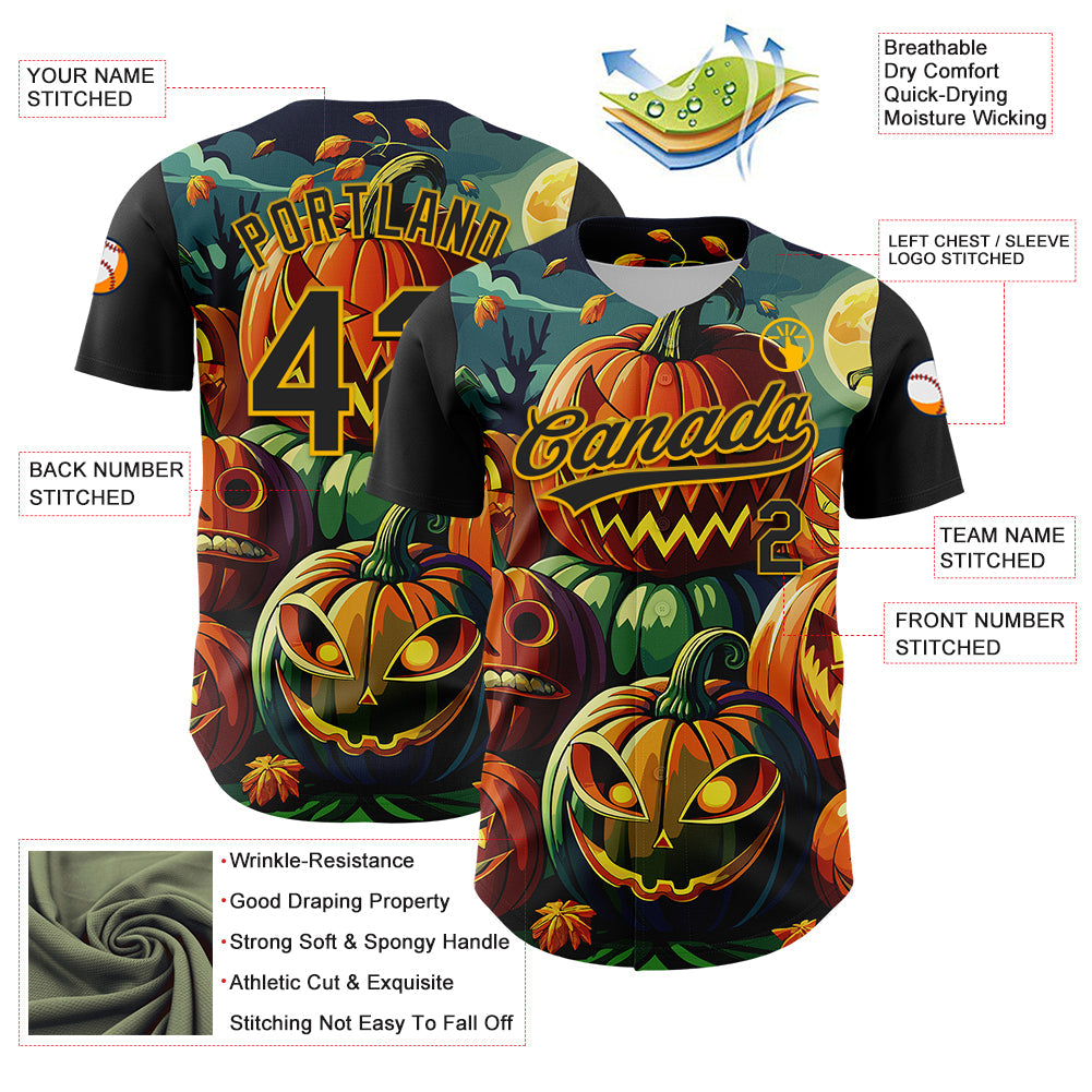 Custom Black Gold 3D Halloween Authentic Baseball Jersey view 3