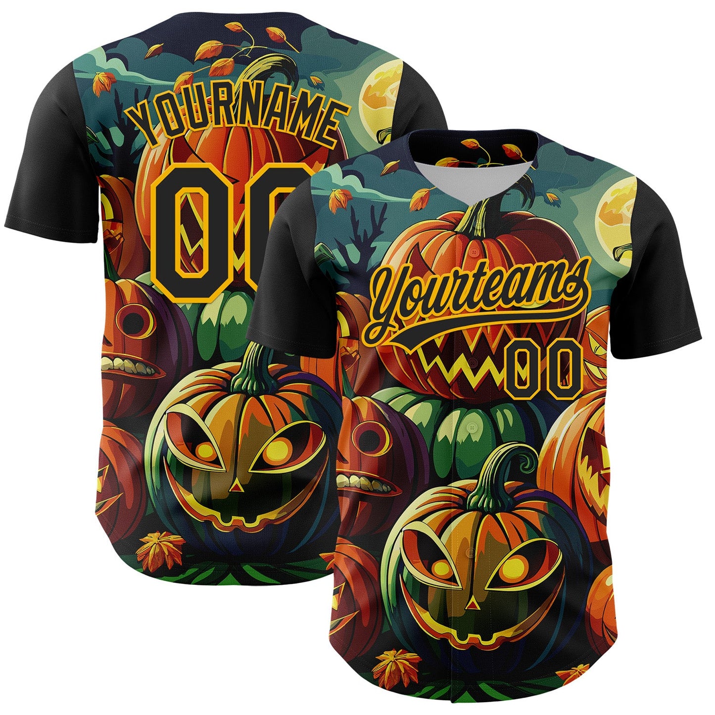 Custom Black Gold 3D Halloween Authentic Baseball Jersey - Main View