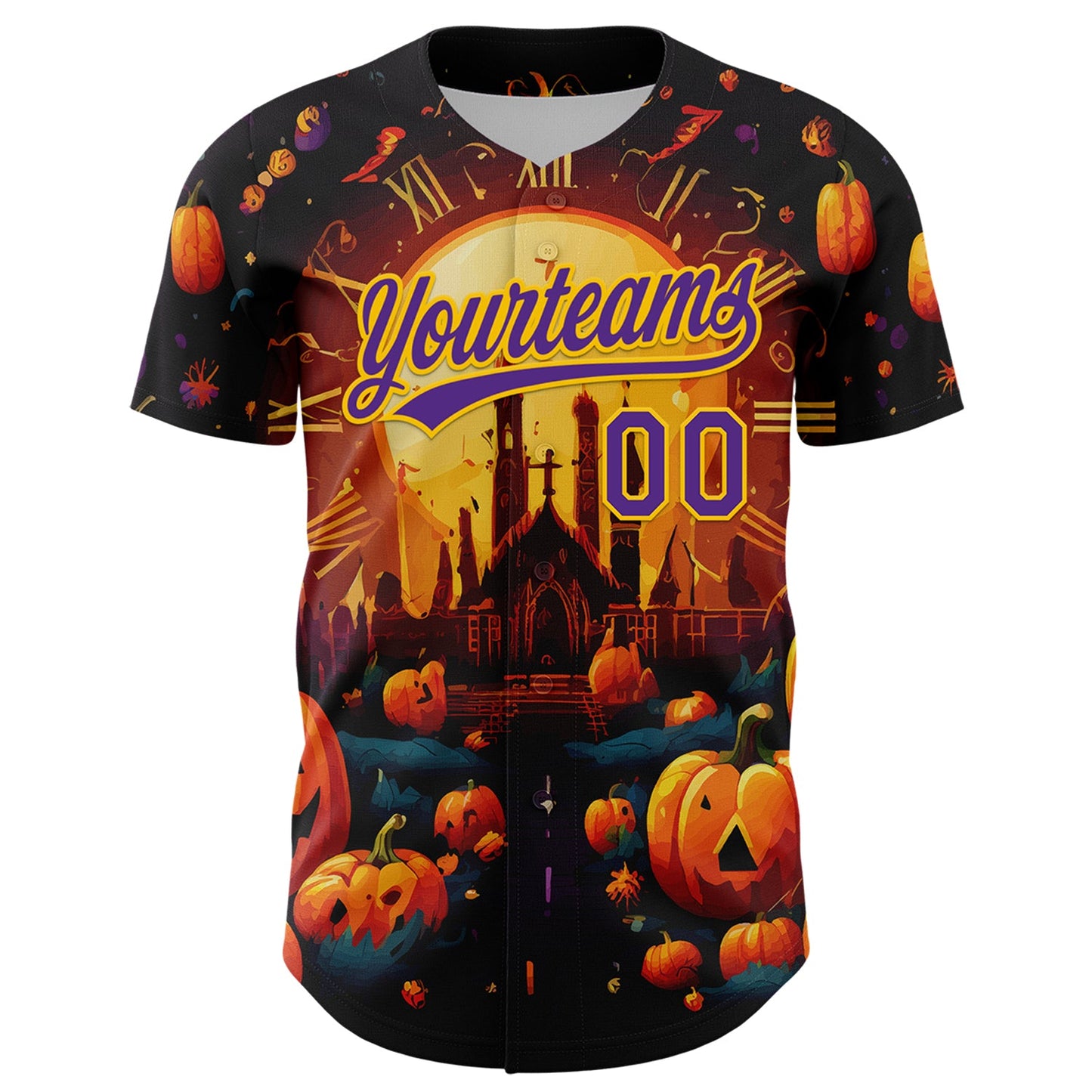 Custom Black Purple-Yellow 3D Halloween Authentic Baseball Jersey view 2