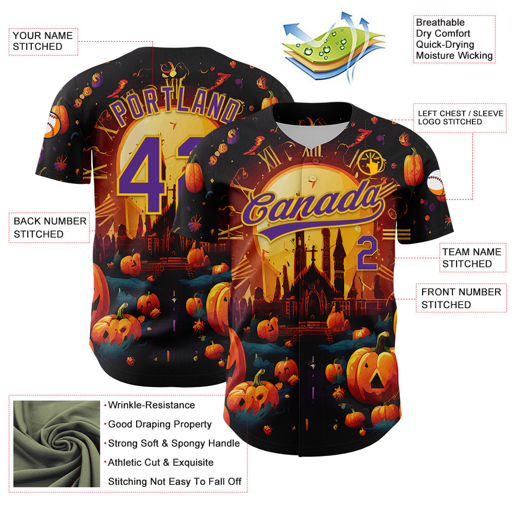 Custom Black Purple-Yellow 3D Halloween Authentic Baseball Jersey view 3
