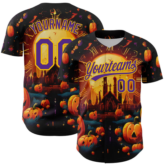 Custom Black Purple-Yellow 3D Halloween Authentic Baseball Jersey - Main View