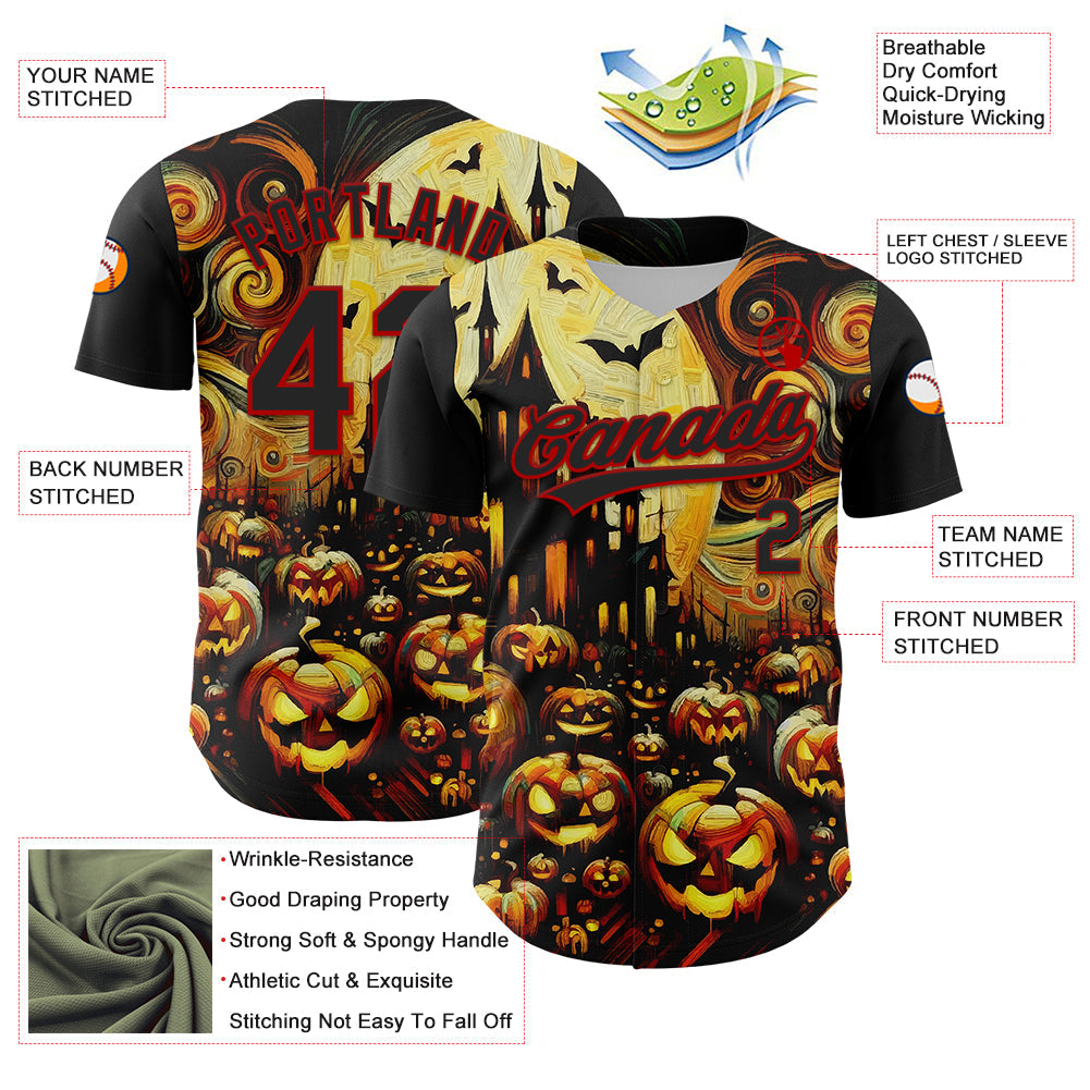 Custom Black Red 3D Halloween Authentic Baseball Jersey view 3