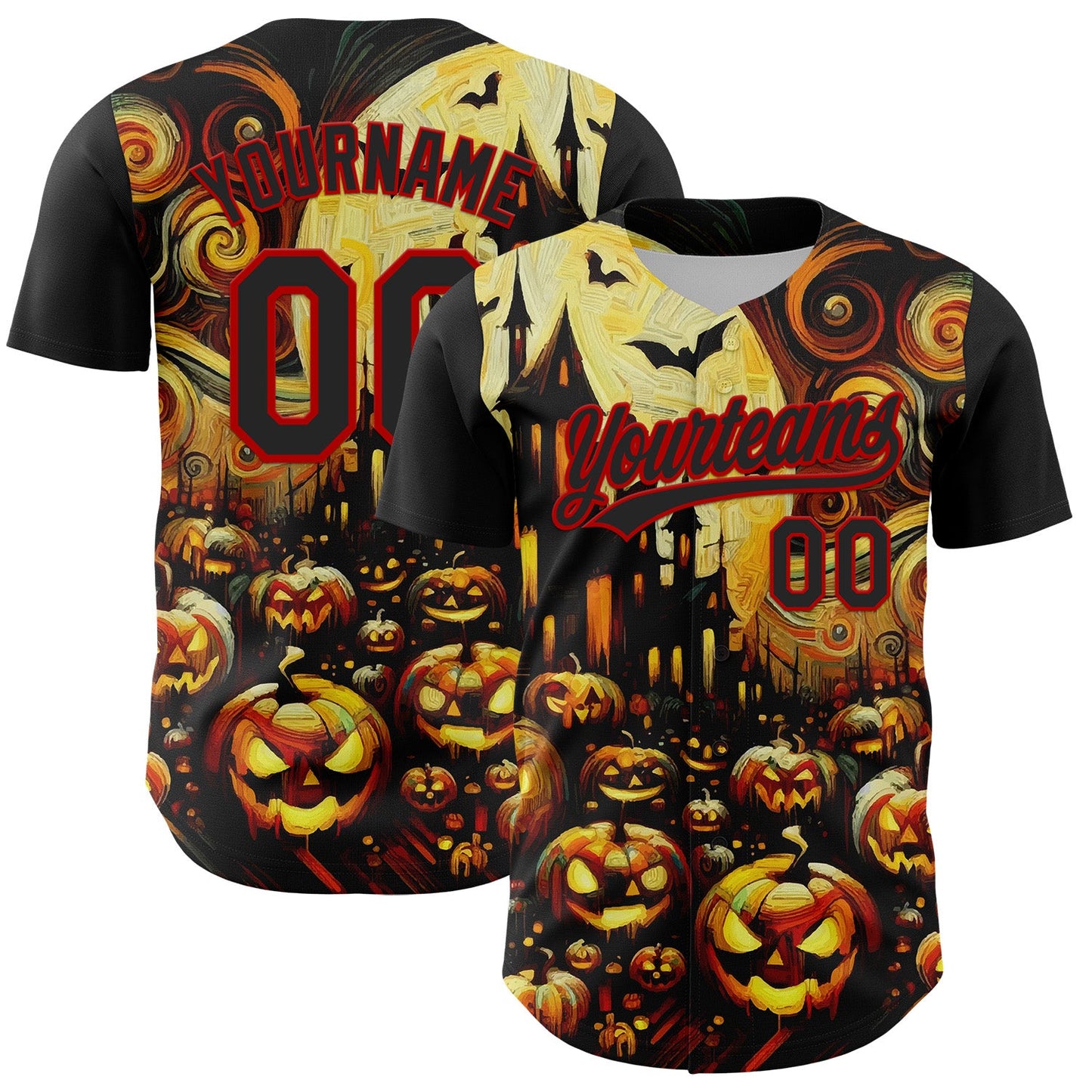 Custom Black Red 3D Halloween Authentic Baseball Jersey - Main View