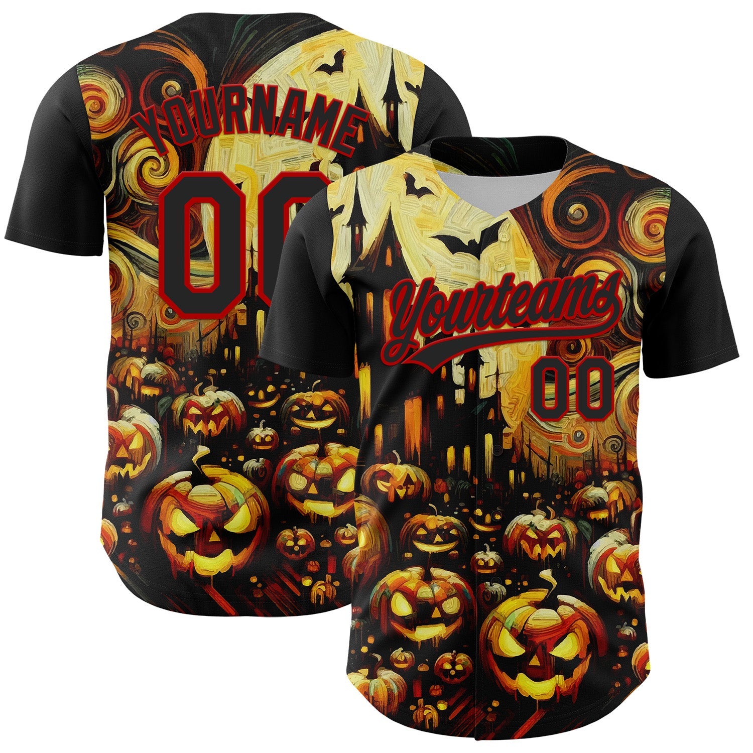 Custom Black Red 3D Halloween Authentic Baseball Jersey - Main View