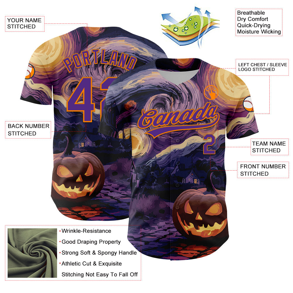 Custom Purple Bay Orange 3D Halloween Authentic Baseball Jersey view 3