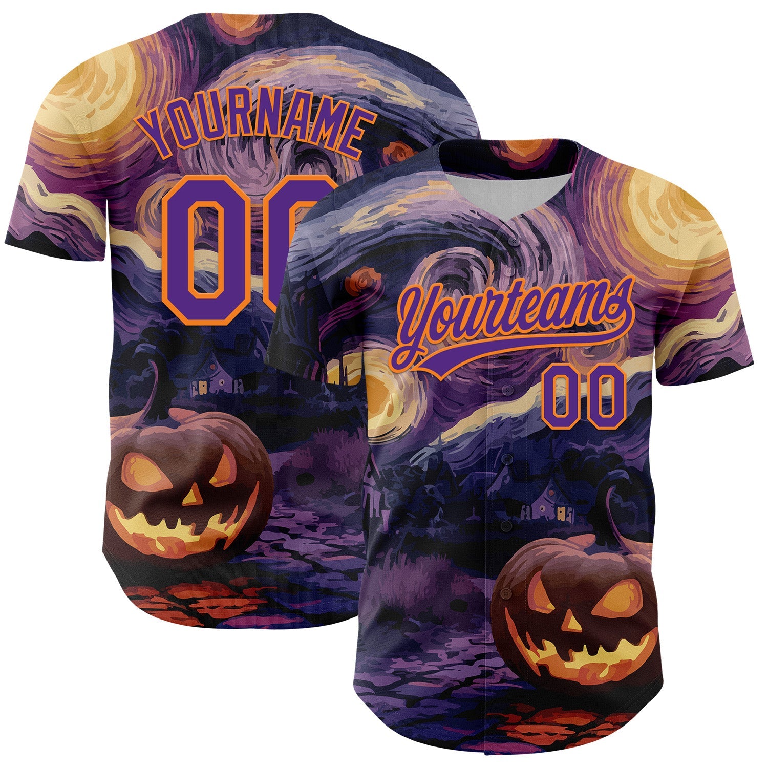 Custom Purple Bay Orange 3D Halloween Authentic Baseball Jersey - Main View