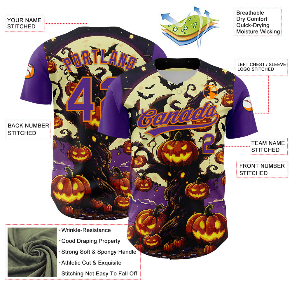 Custom Purple Bay Orange 3D Halloween Authentic Baseball Jersey view 3