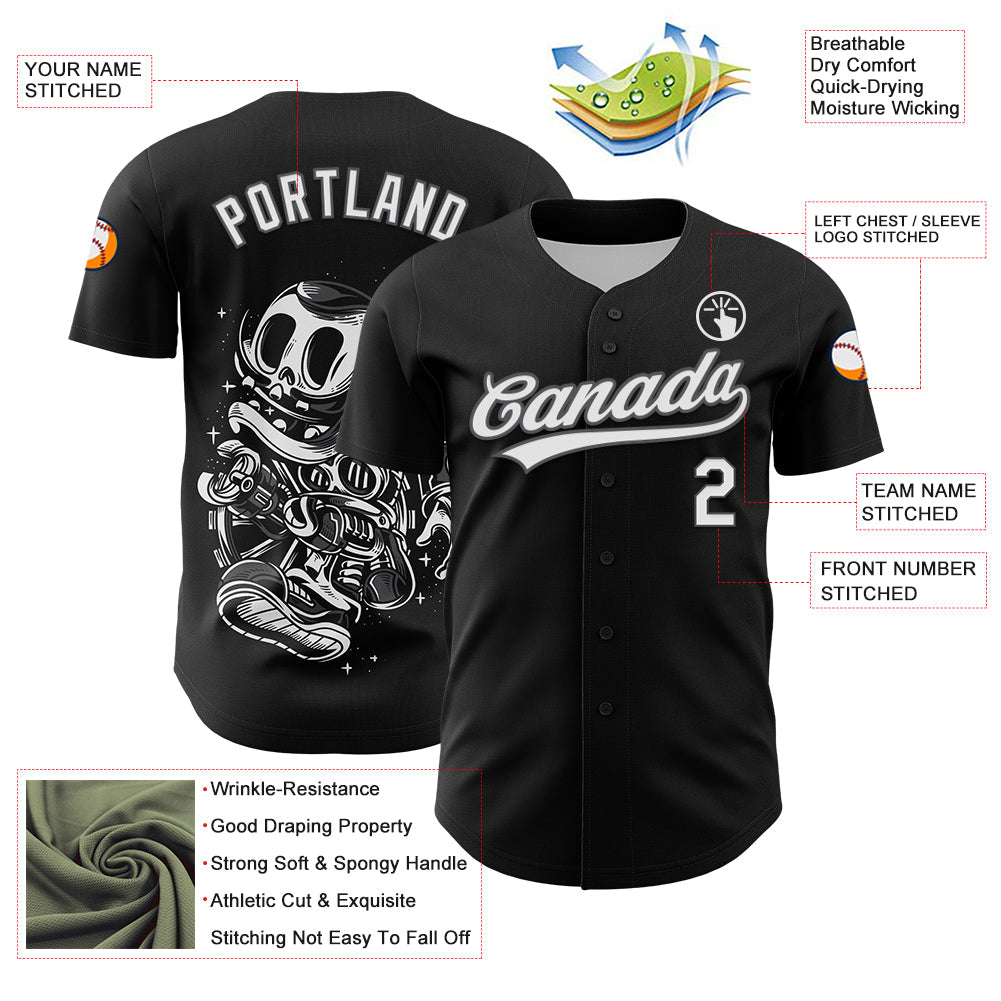 Custom Black White-Steel Gray 3D Halloween Authentic Baseball Jersey view 3