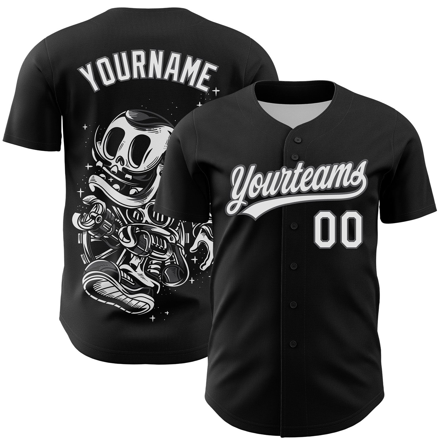Custom Black White-Steel Gray 3D Halloween Authentic Baseball Jersey - Main View