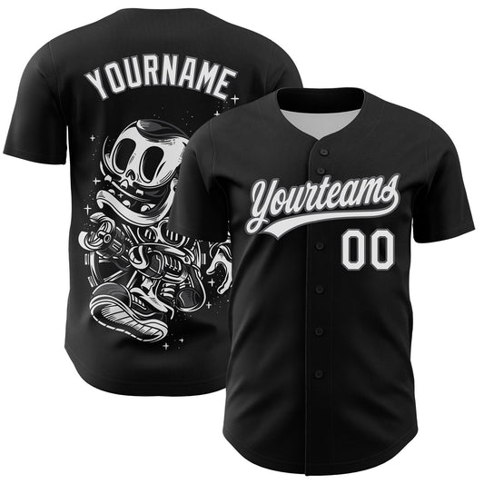 Custom Black White-Steel Gray 3D Halloween Authentic Baseball Jersey - Main View