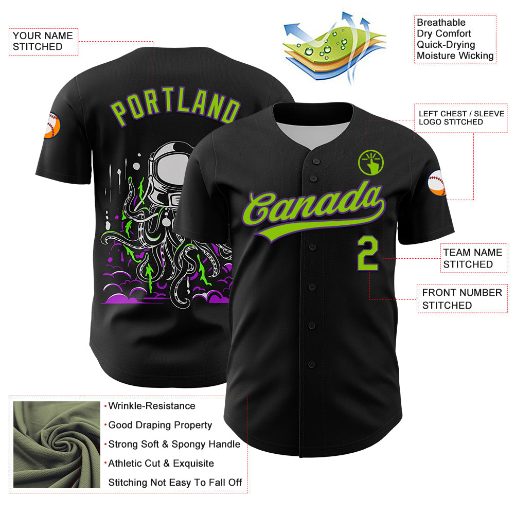 Custom Black Neon Green-Purple 3D Halloween Authentic Baseball Jersey view 3