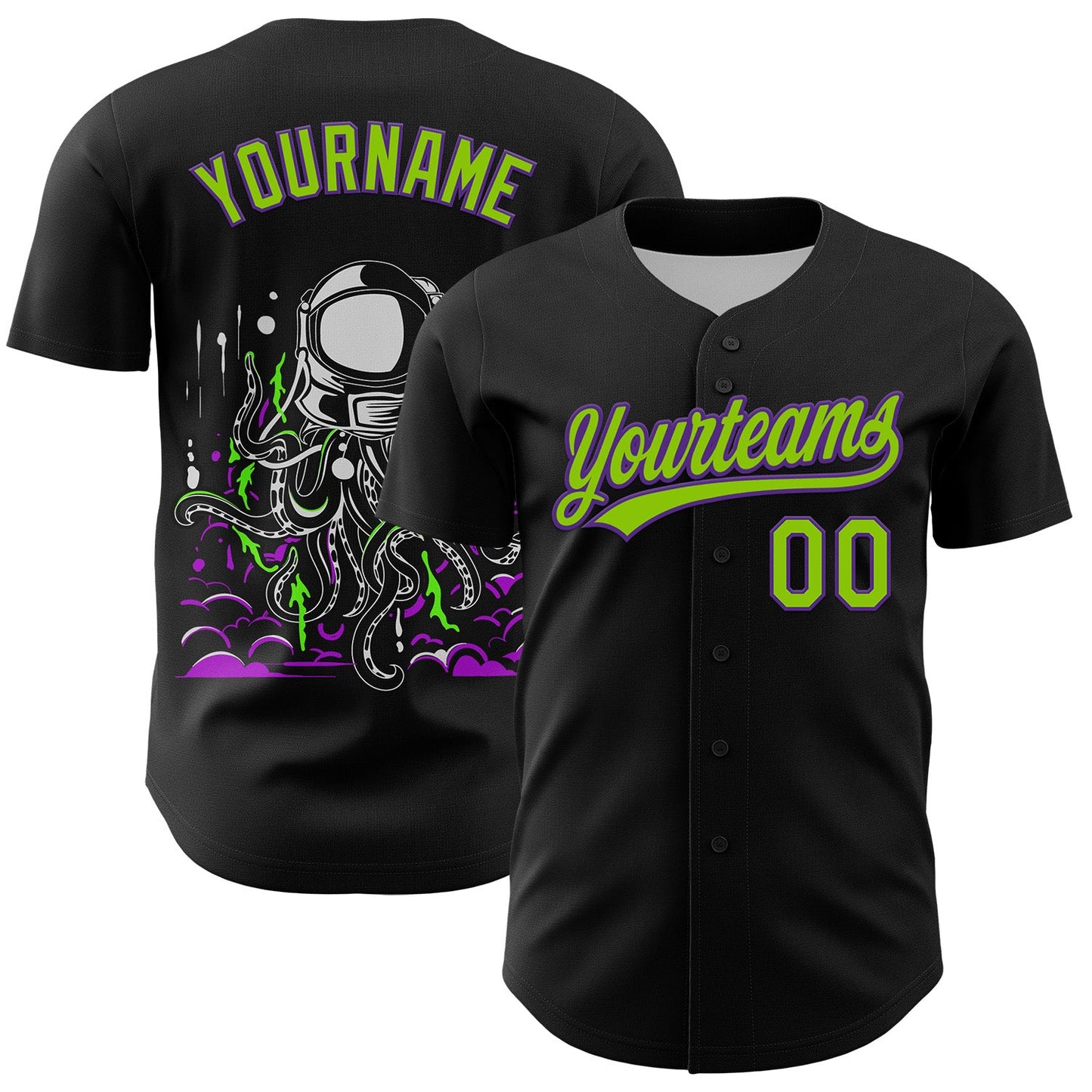 Custom Black Neon Green-Purple 3D Halloween Authentic Baseball Jersey - Main View