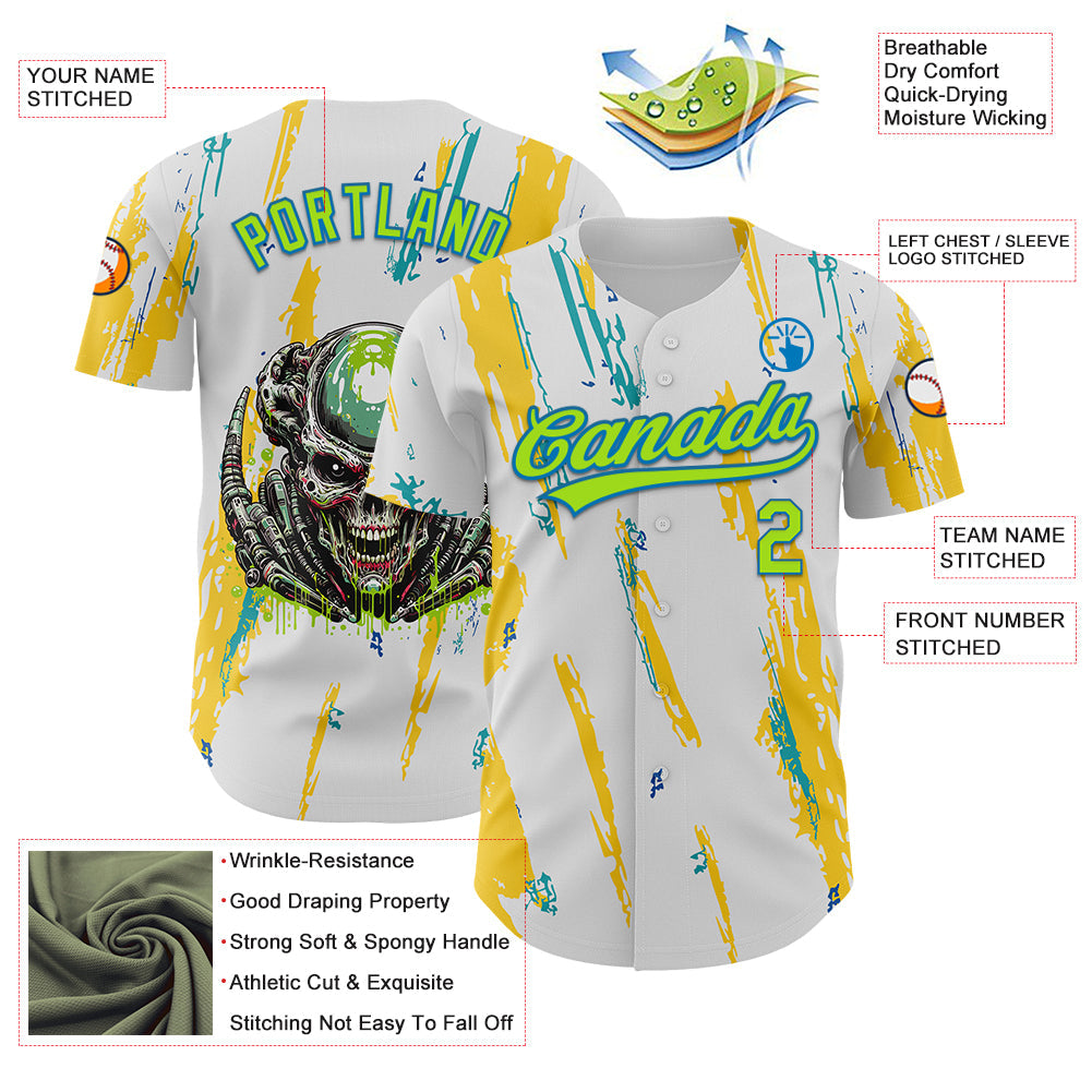 Custom White Neon Green-Blue 3D Halloween Authentic Baseball Jersey view 3