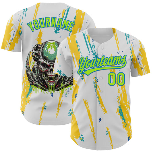 Custom White Neon Green-Blue 3D Halloween Authentic Baseball Jersey - Main View