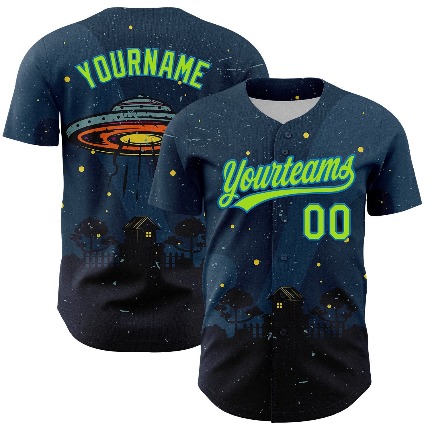 Custom Navy Neon Green-Blue 3D Halloween Authentic Baseball Jersey - Main View