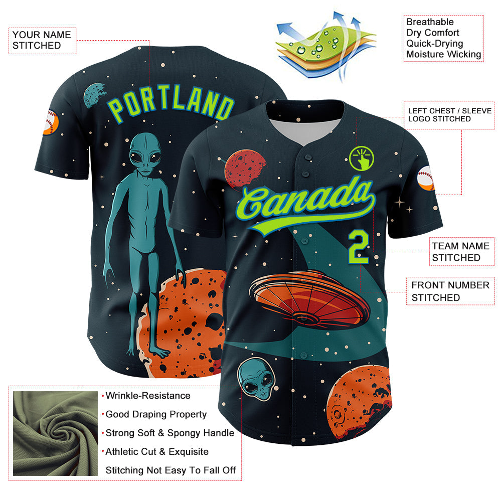 Custom Navy Neon Green-Blue 3D Halloween Authentic Baseball Jersey view 3