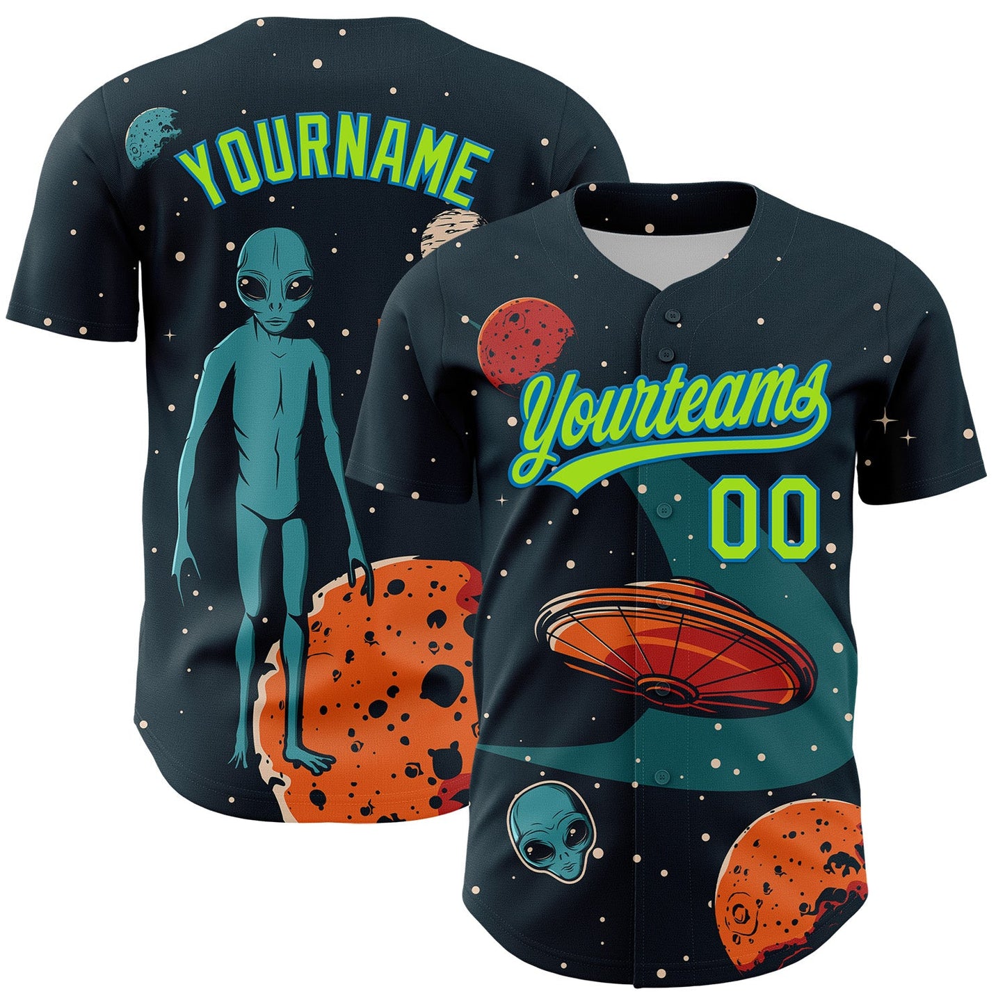 Custom Navy Neon Green-Blue 3D Halloween Authentic Baseball Jersey - Main View