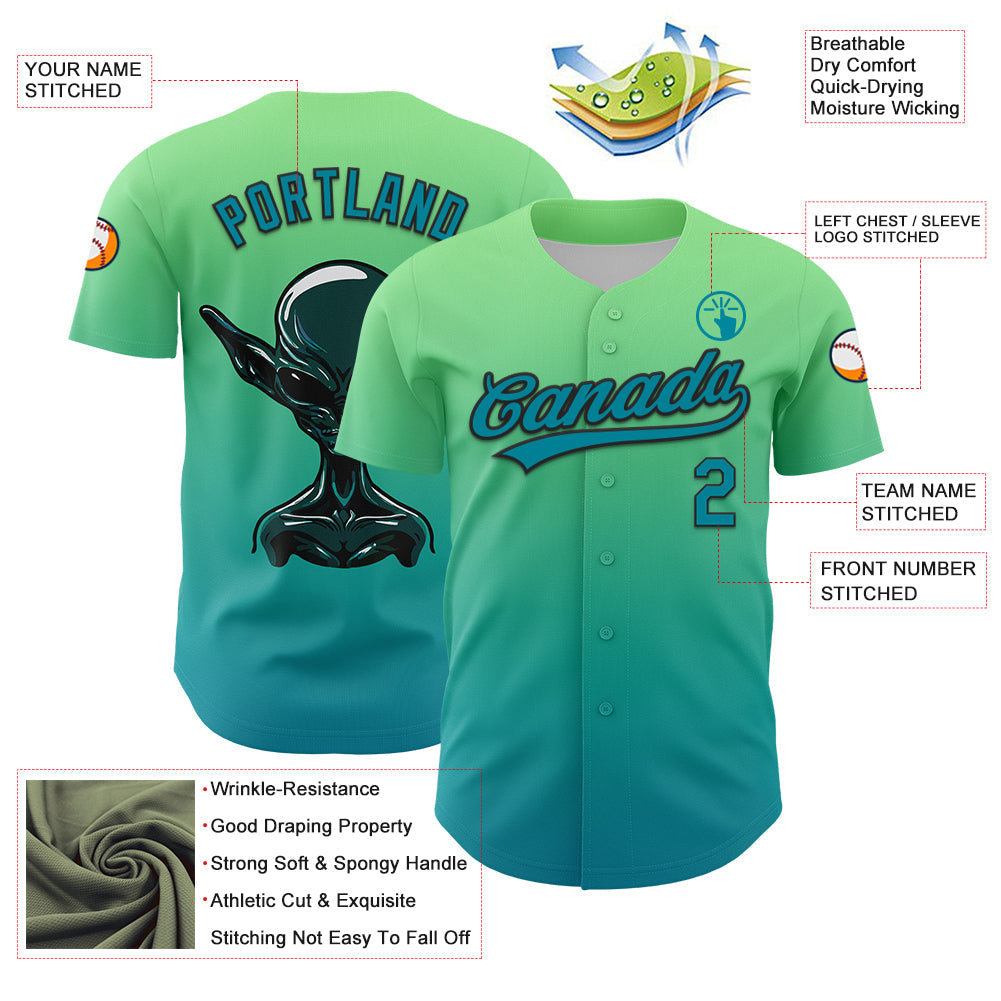 Custom Pea Green Teal-Black 3D Halloween Authentic Baseball Jersey view 3