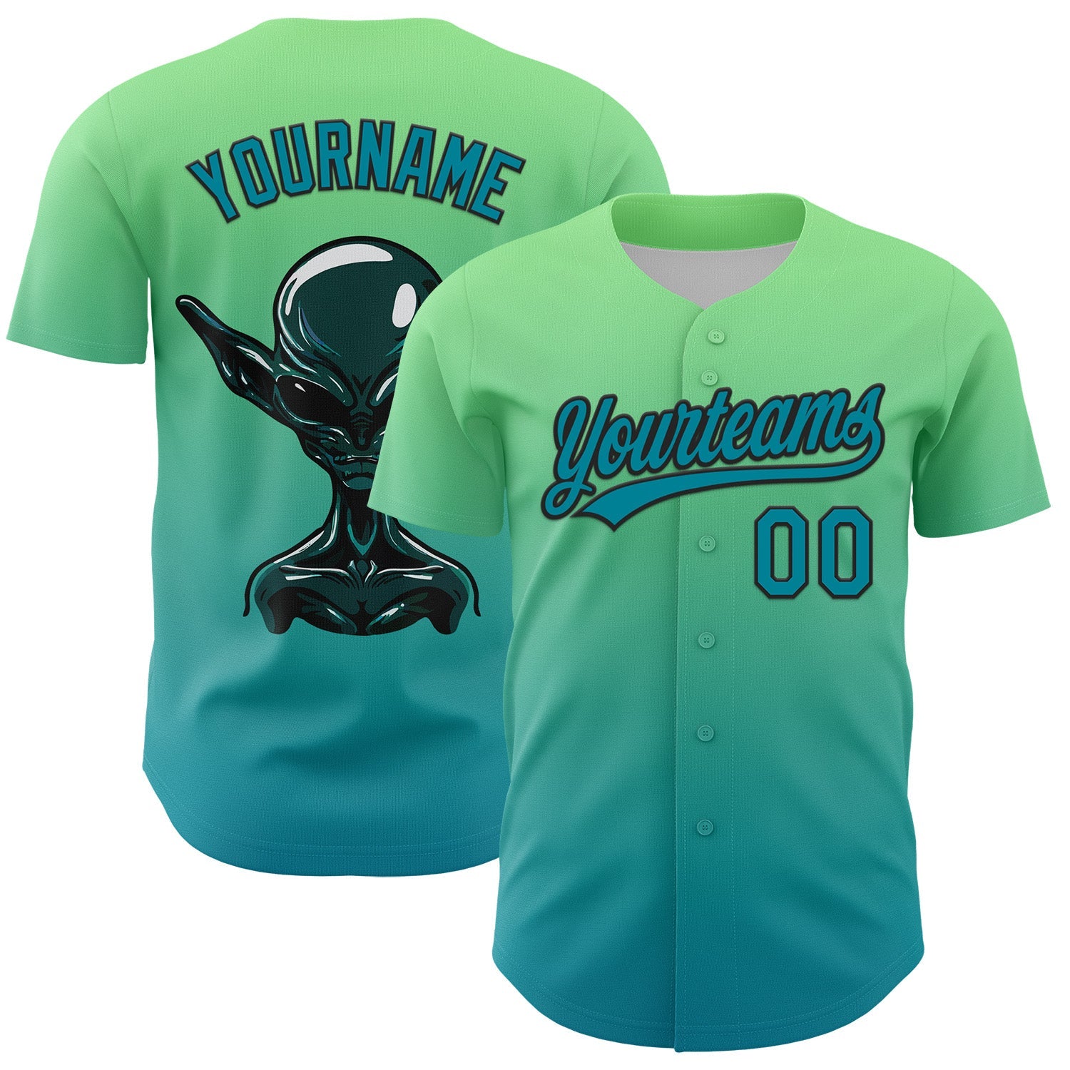Custom Pea Green Teal-Black 3D Halloween Authentic Baseball Jersey - Main View