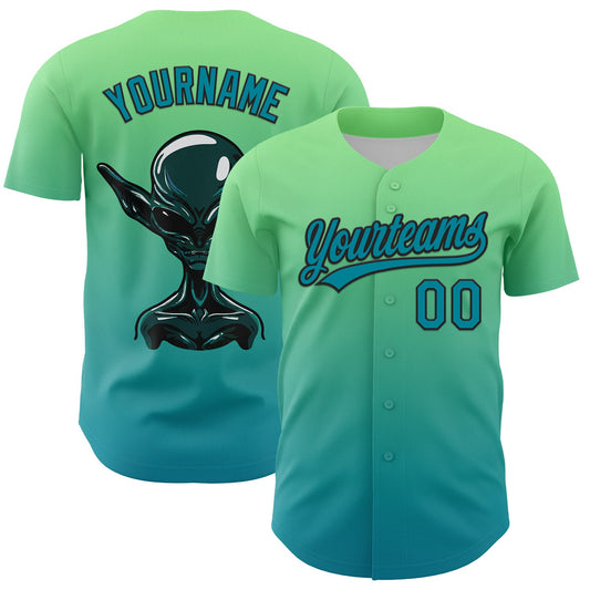 Custom Pea Green Teal-Black 3D Halloween Authentic Baseball Jersey - Main View