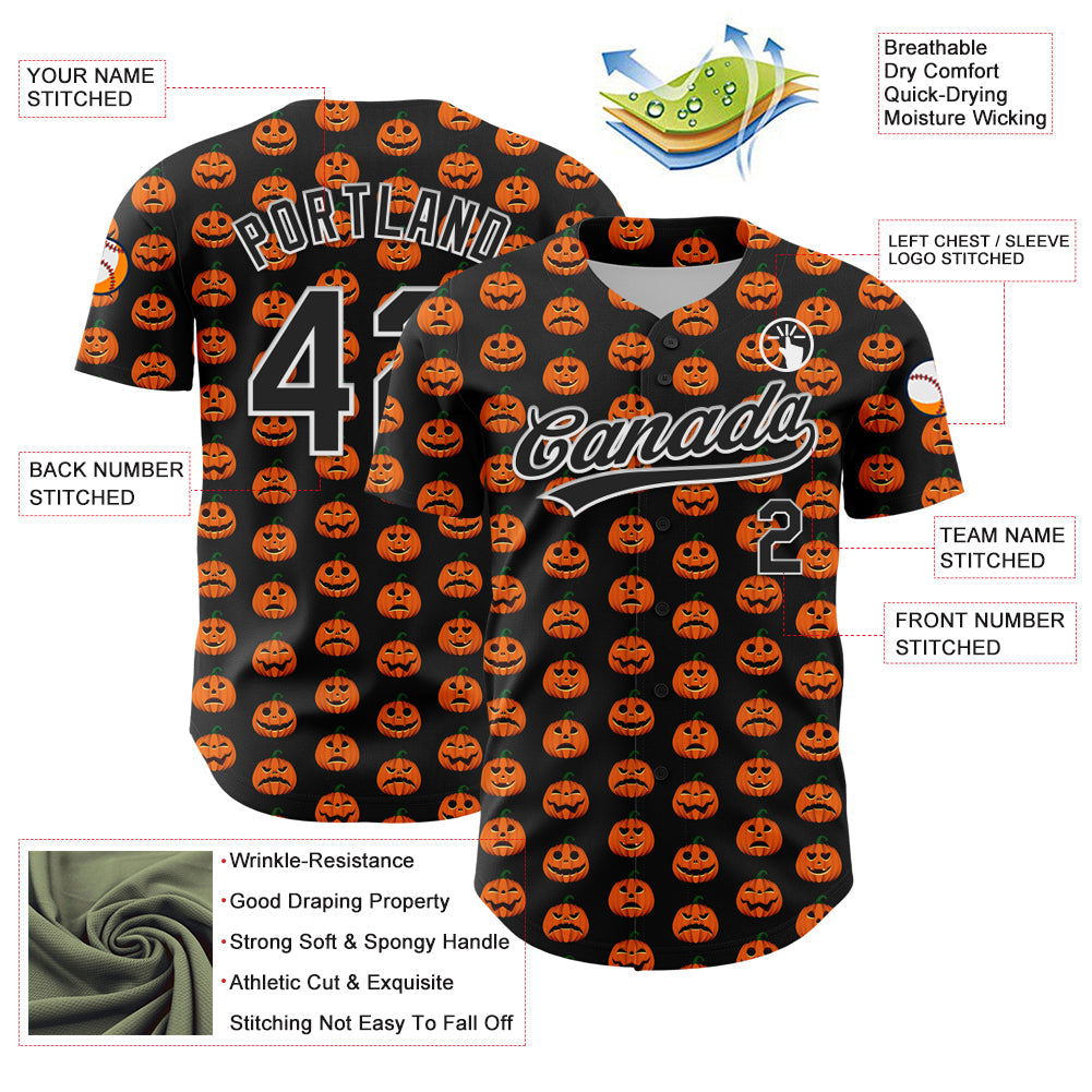 Custom Black White 3D Halloween Authentic Baseball Jersey view 3