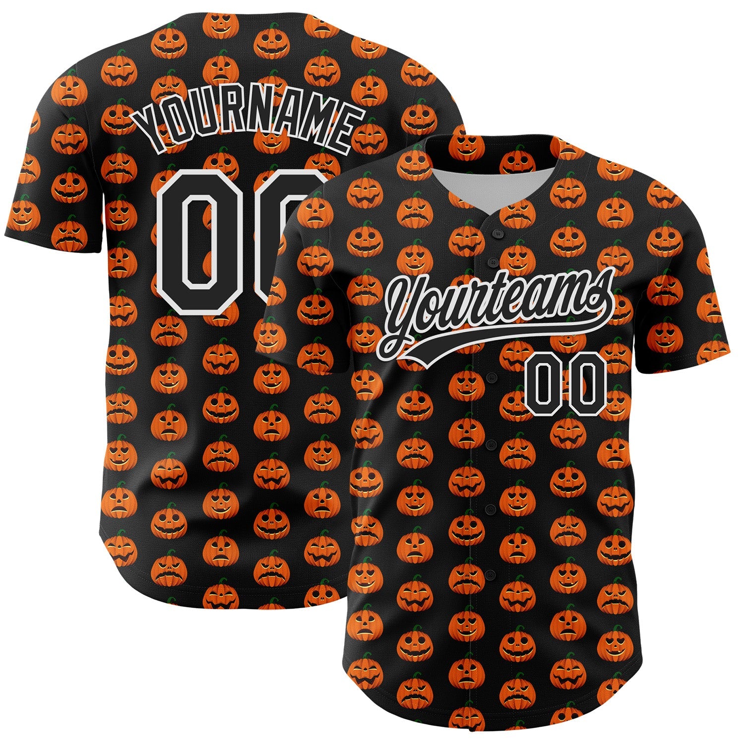 Custom Black White 3D Halloween Authentic Baseball Jersey - Main View