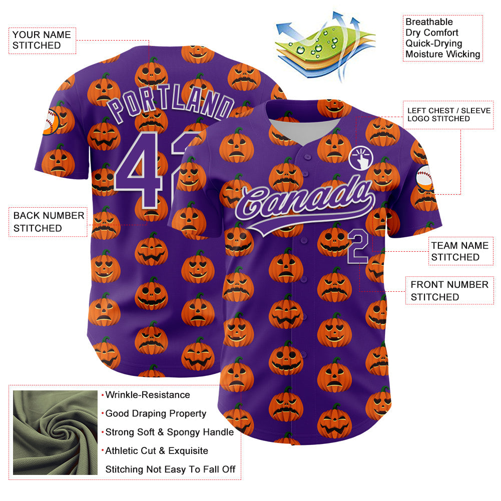 Custom Purple White 3D Halloween Authentic Baseball Jersey view 3