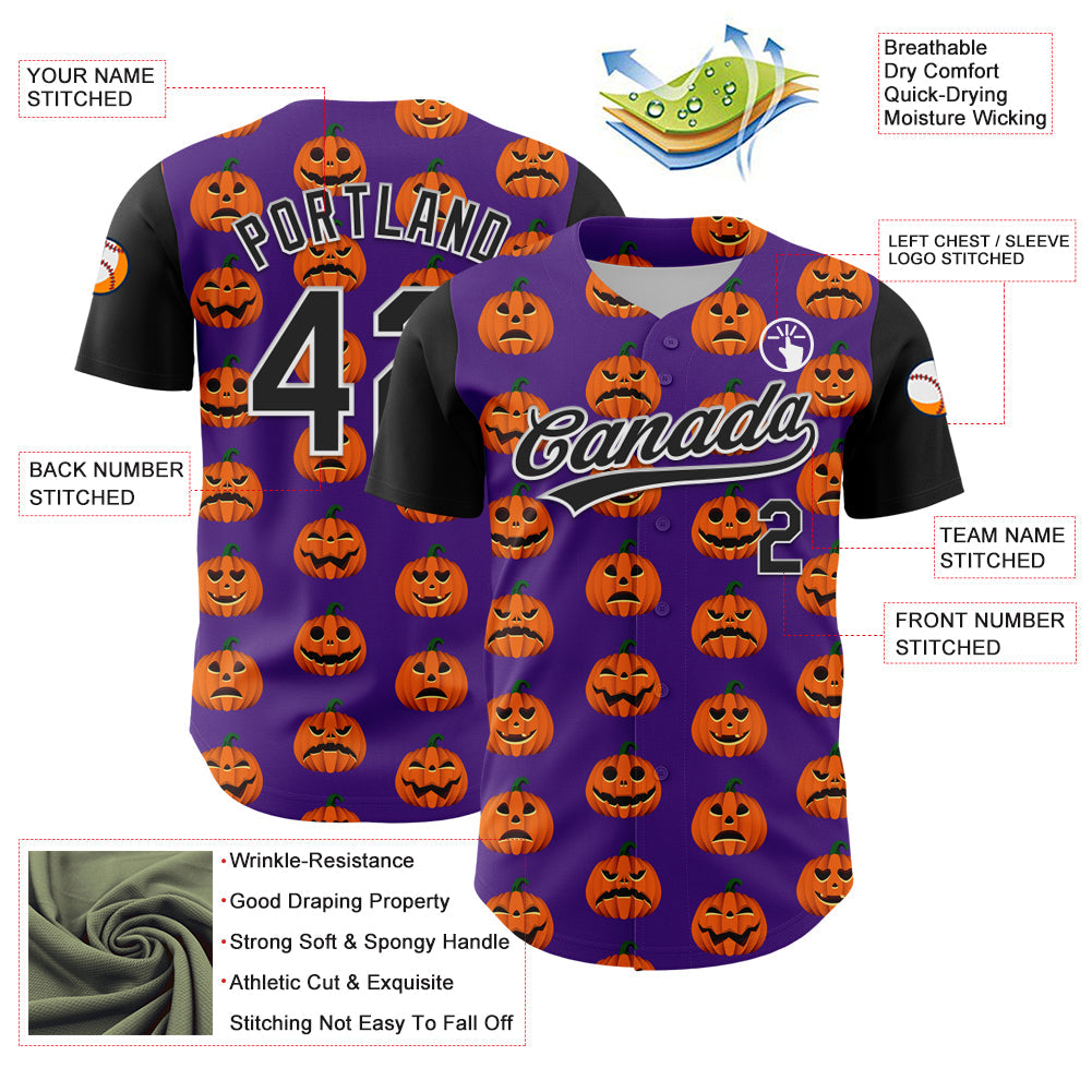 Custom Purple Black-White 3D Halloween Authentic Baseball Jersey view 3