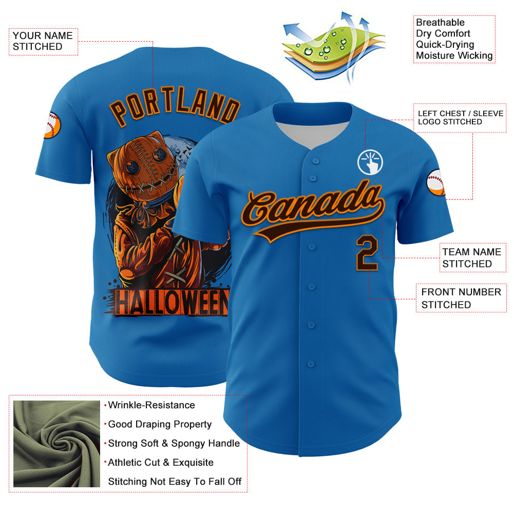 Custom Blue Brown-Bay Orange 3D Halloween Authentic Baseball Jersey view 3