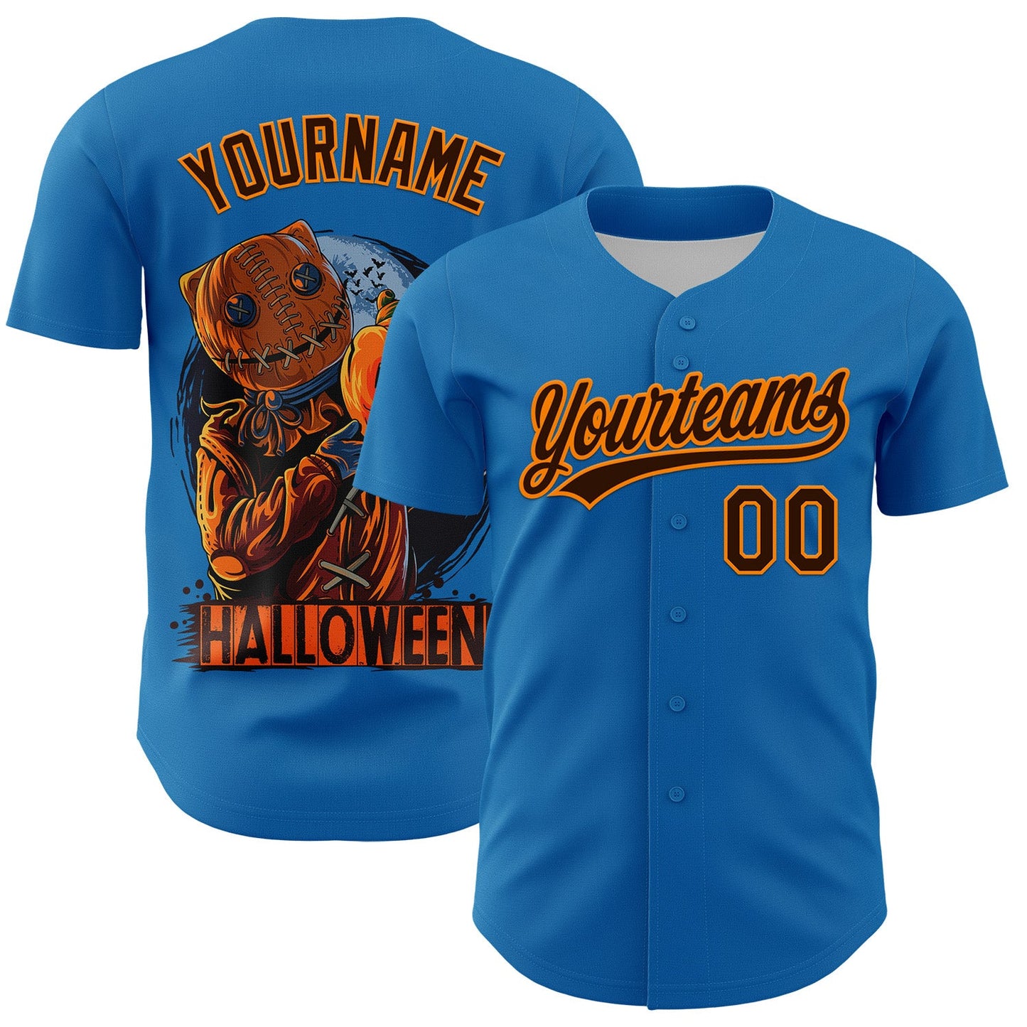 Custom Blue Brown-Bay Orange 3D Halloween Authentic Baseball Jersey - Main View