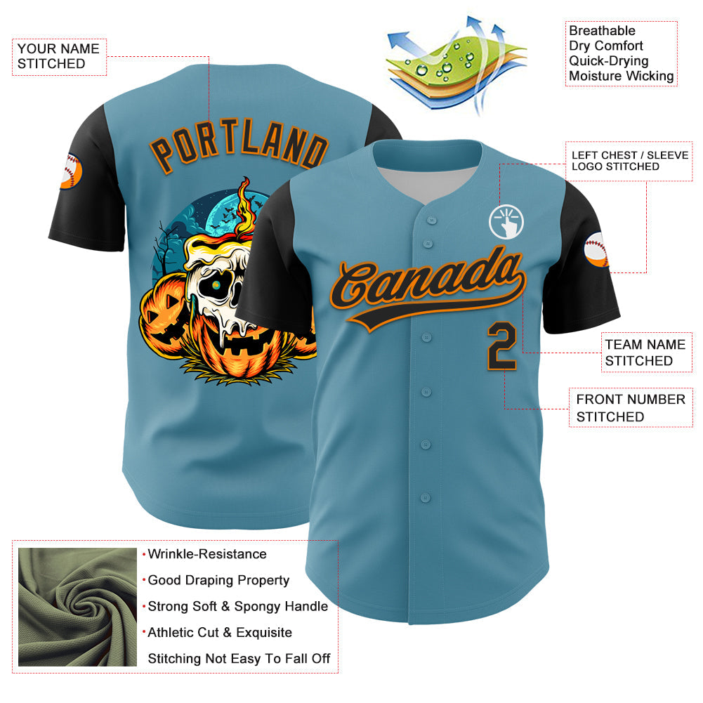 Custom Shadow Blue Black-Bay Orange 3D Halloween Authentic Baseball Jersey view 3