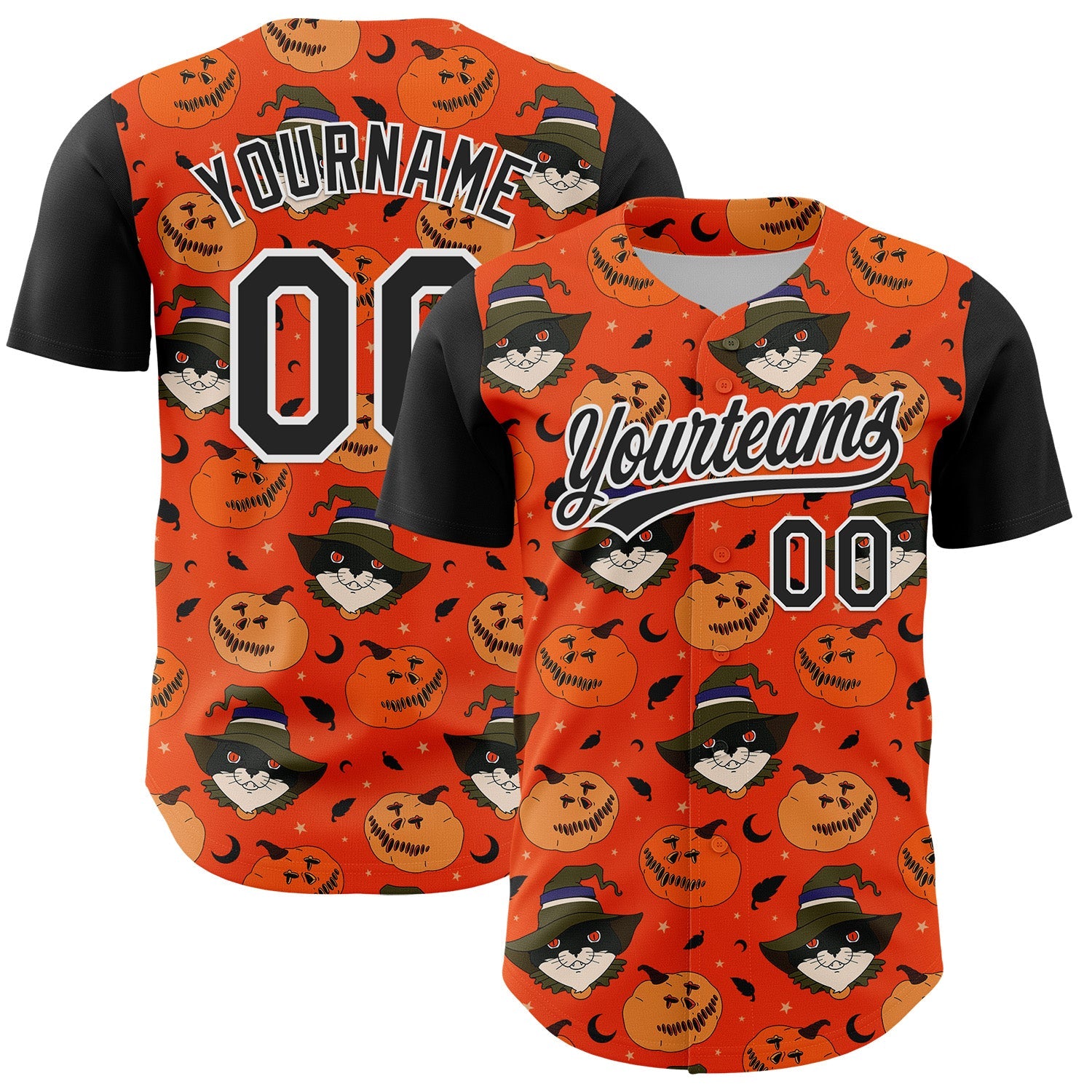 Custom Orange Black-White 3D Halloween Authentic Baseball Jersey - Main View
