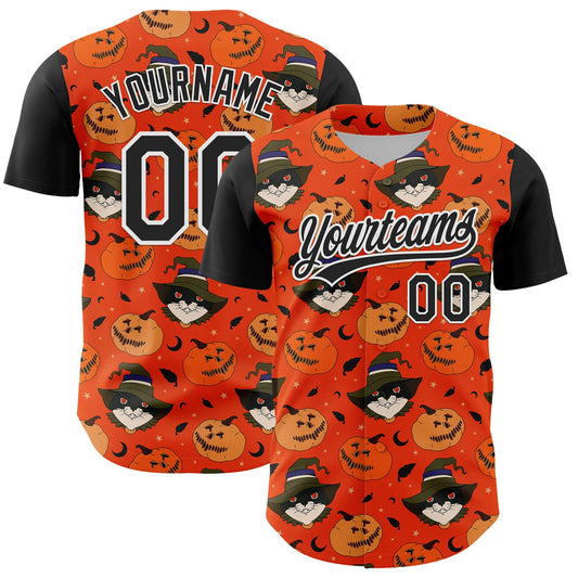 Custom Orange Black-White 3D Halloween Authentic Baseball Jersey - Main View