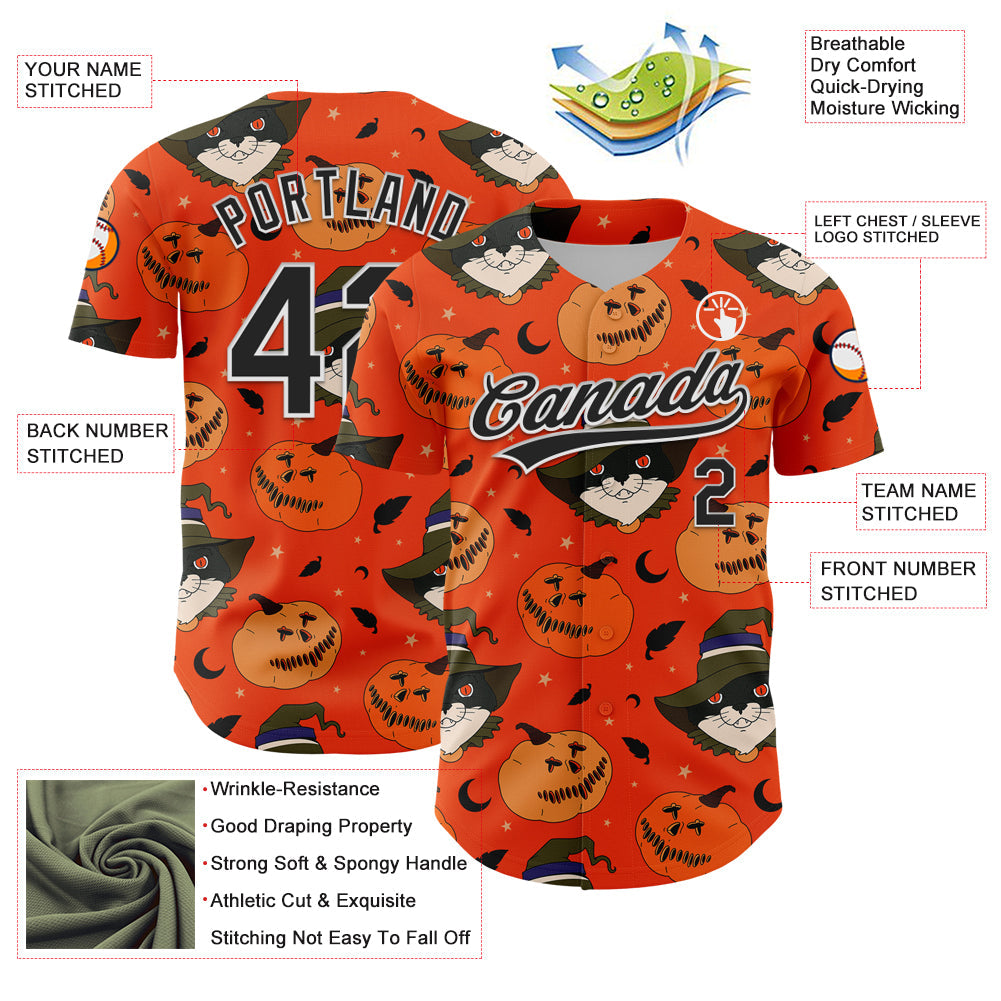 Custom Orange Black-White 3D Halloween Authentic Baseball Jersey view 3