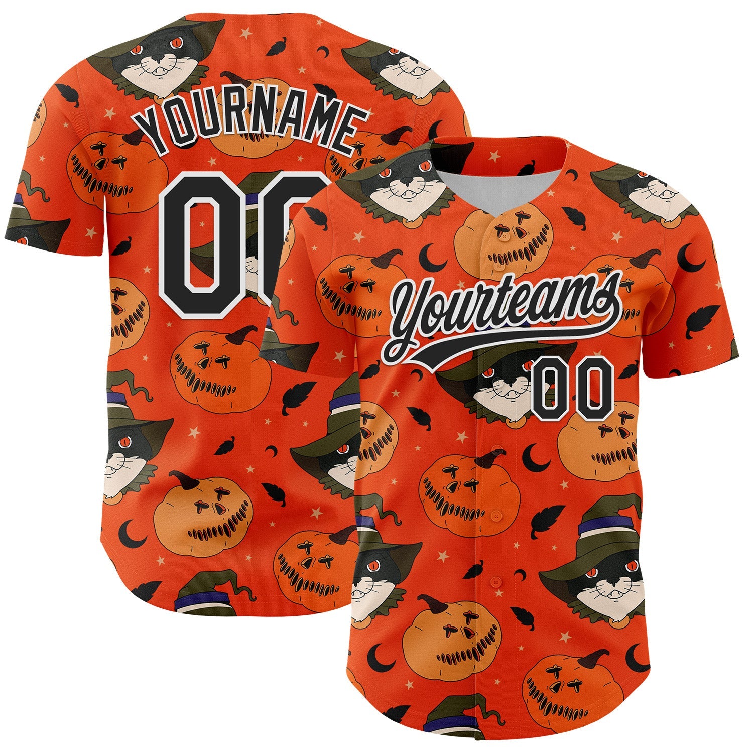 Custom Orange Black-White 3D Halloween Authentic Baseball Jersey - Main View
