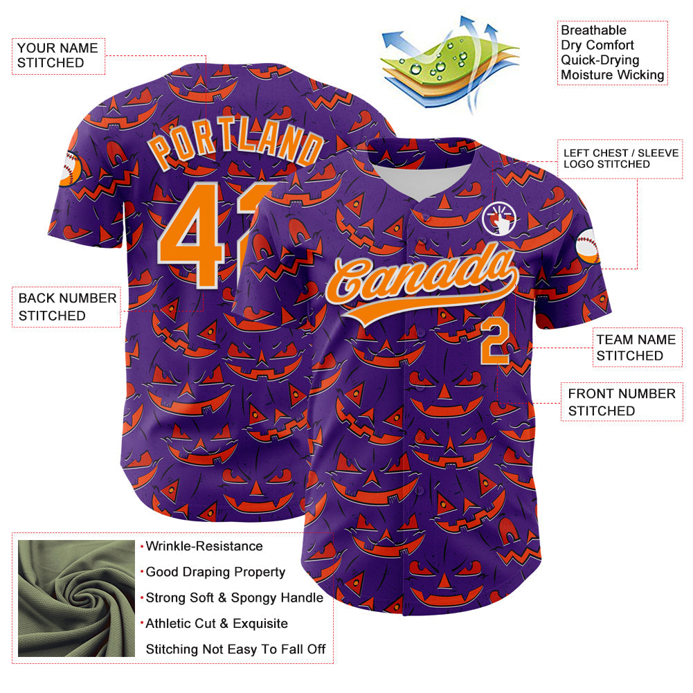 Custom Purple Bay Orange-White 3D Halloween Authentic Baseball Jersey view 3