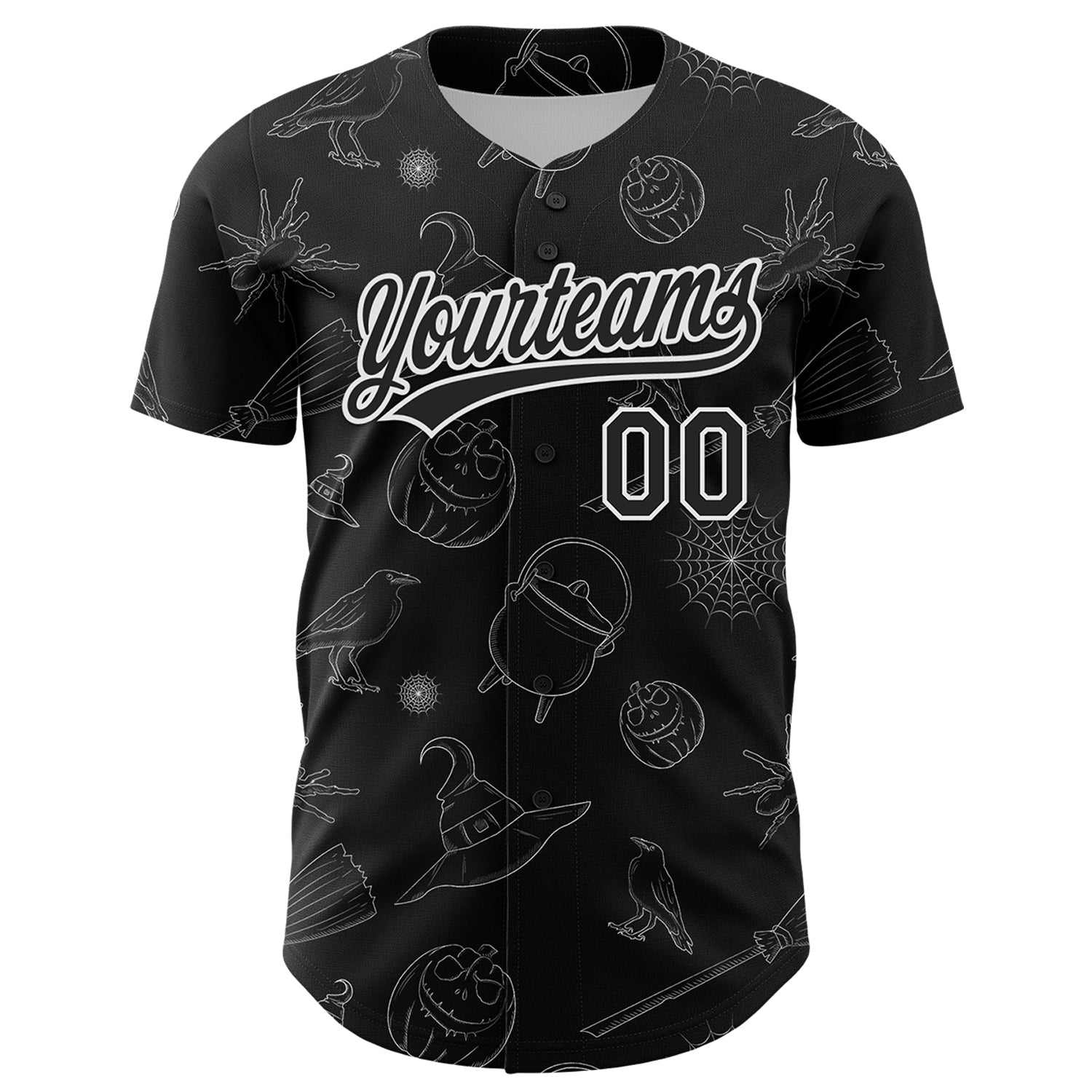 Custom Black White 3D Halloween Authentic Baseball Jersey view 2
