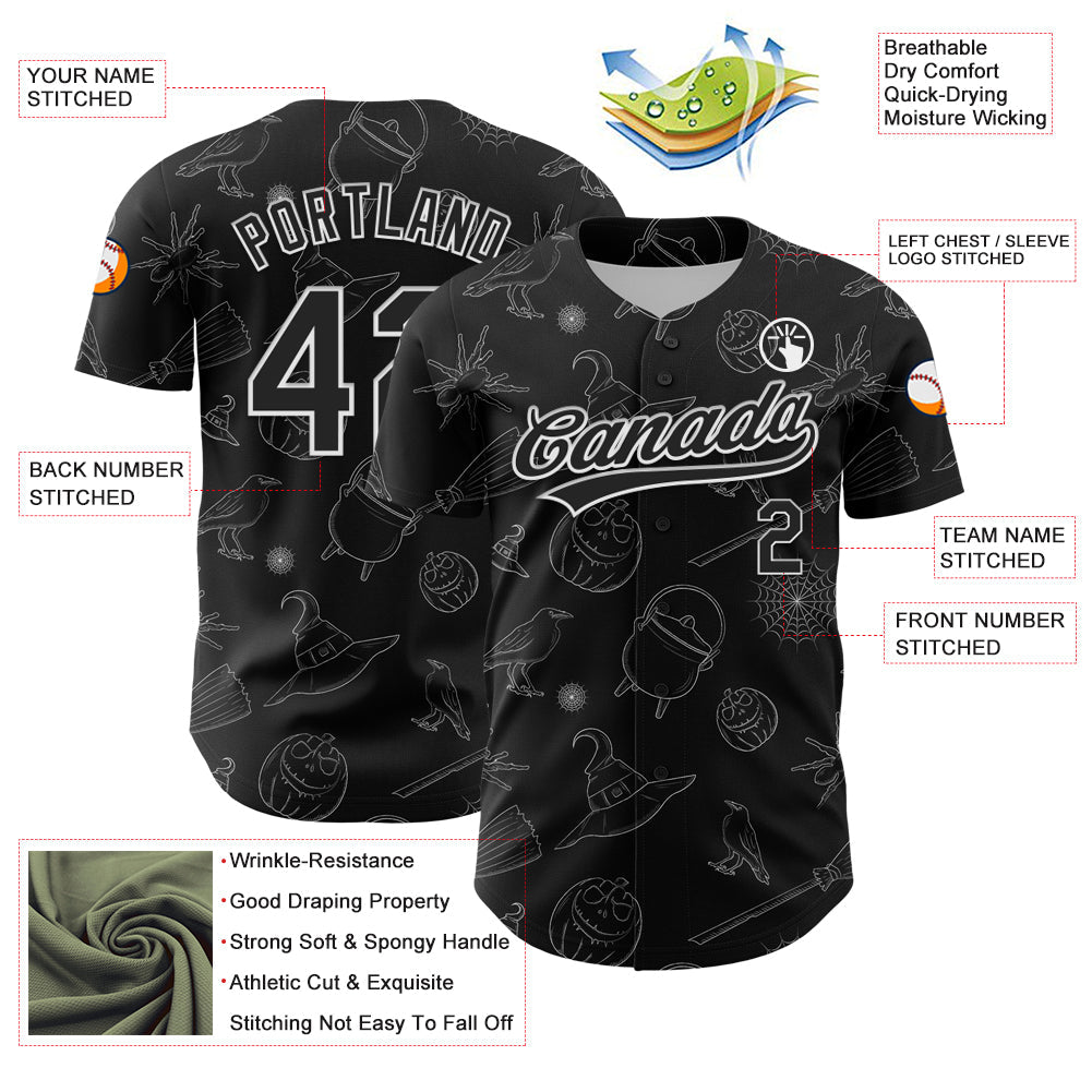 Custom Black White 3D Halloween Authentic Baseball Jersey view 3