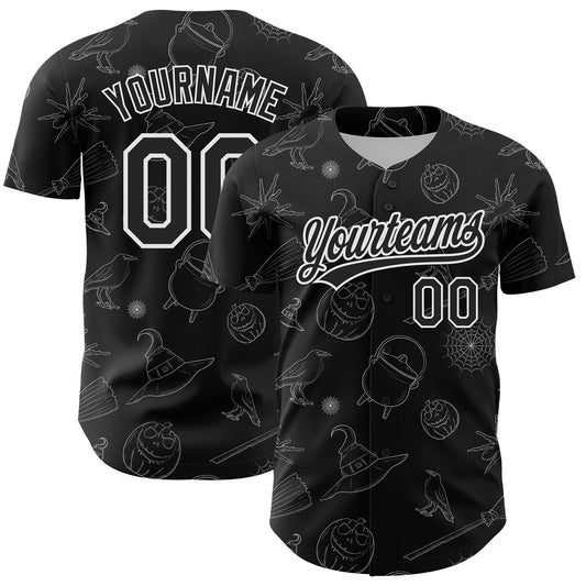 Custom Black White 3D Halloween Authentic Baseball Jersey - Main View