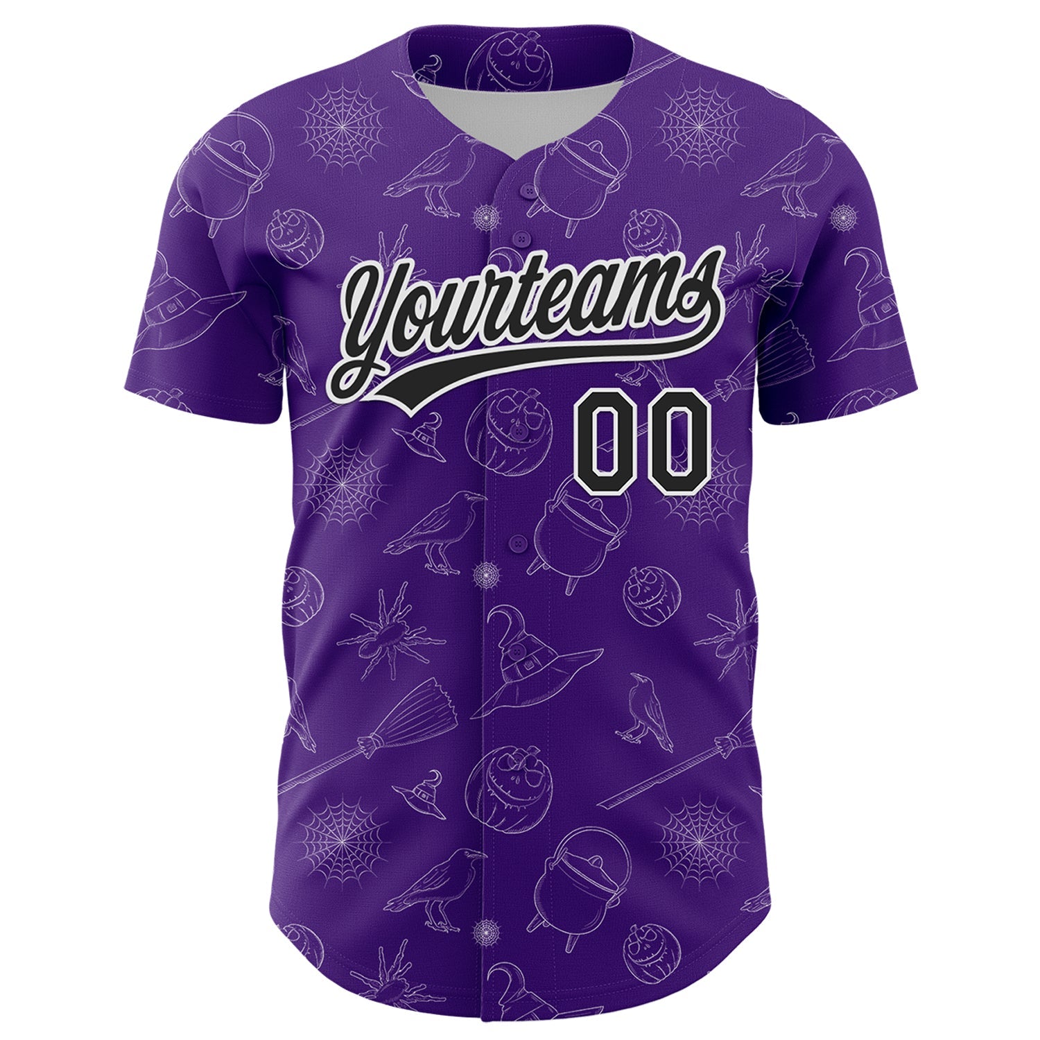 Custom Purple Black-White 3D Halloween Authentic Baseball Jersey view 2