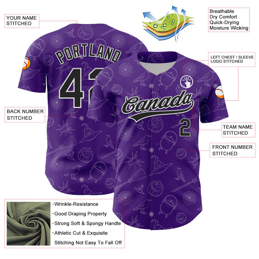 Custom Purple Black-White 3D Halloween Authentic Baseball Jersey view 3