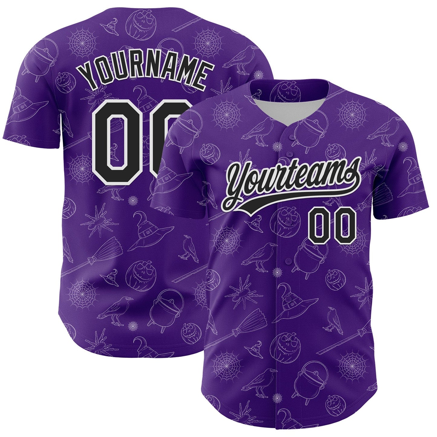 Custom Purple Black-White 3D Halloween Authentic Baseball Jersey - Main View