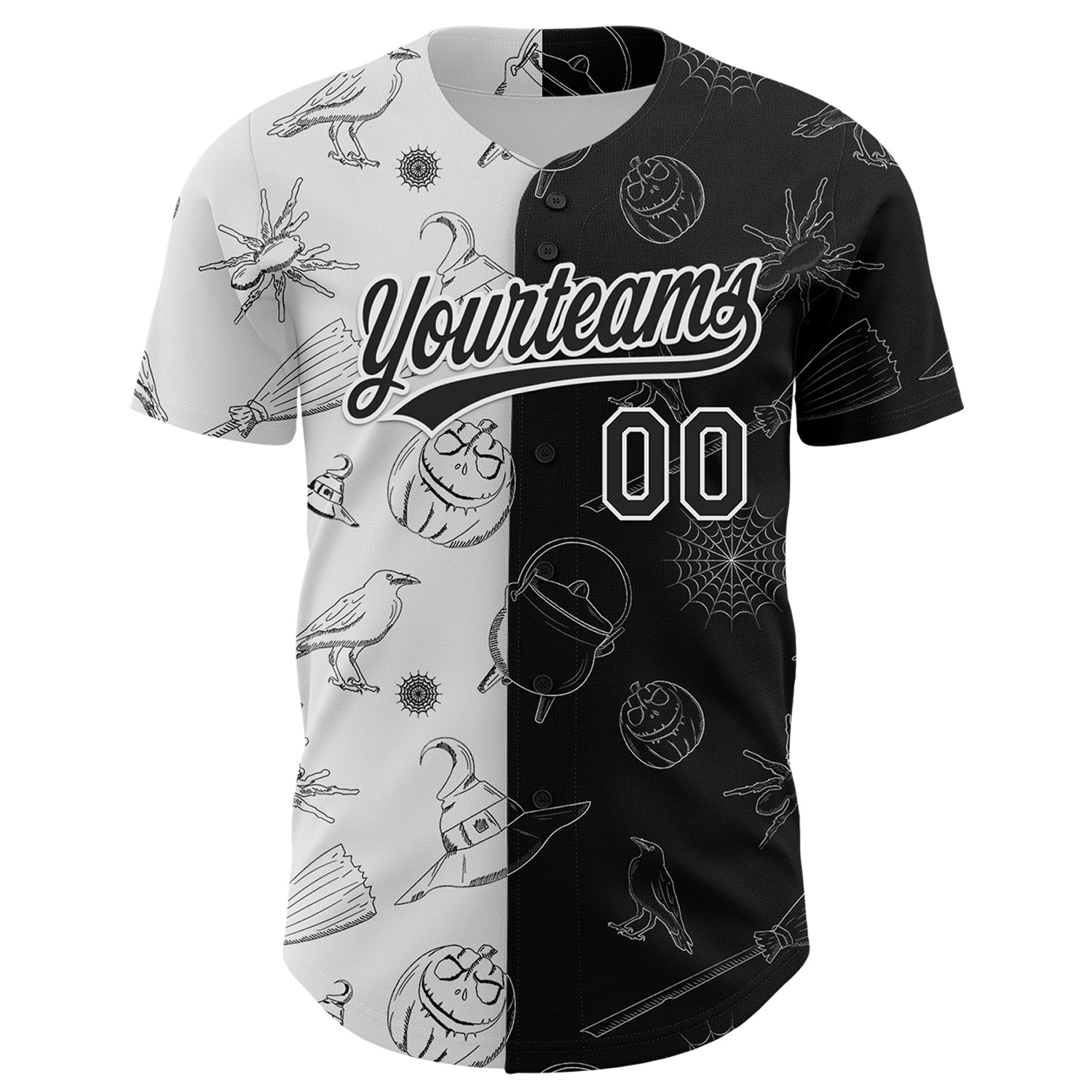 Custom Black White 3D Halloween Authentic Baseball Jersey view 2