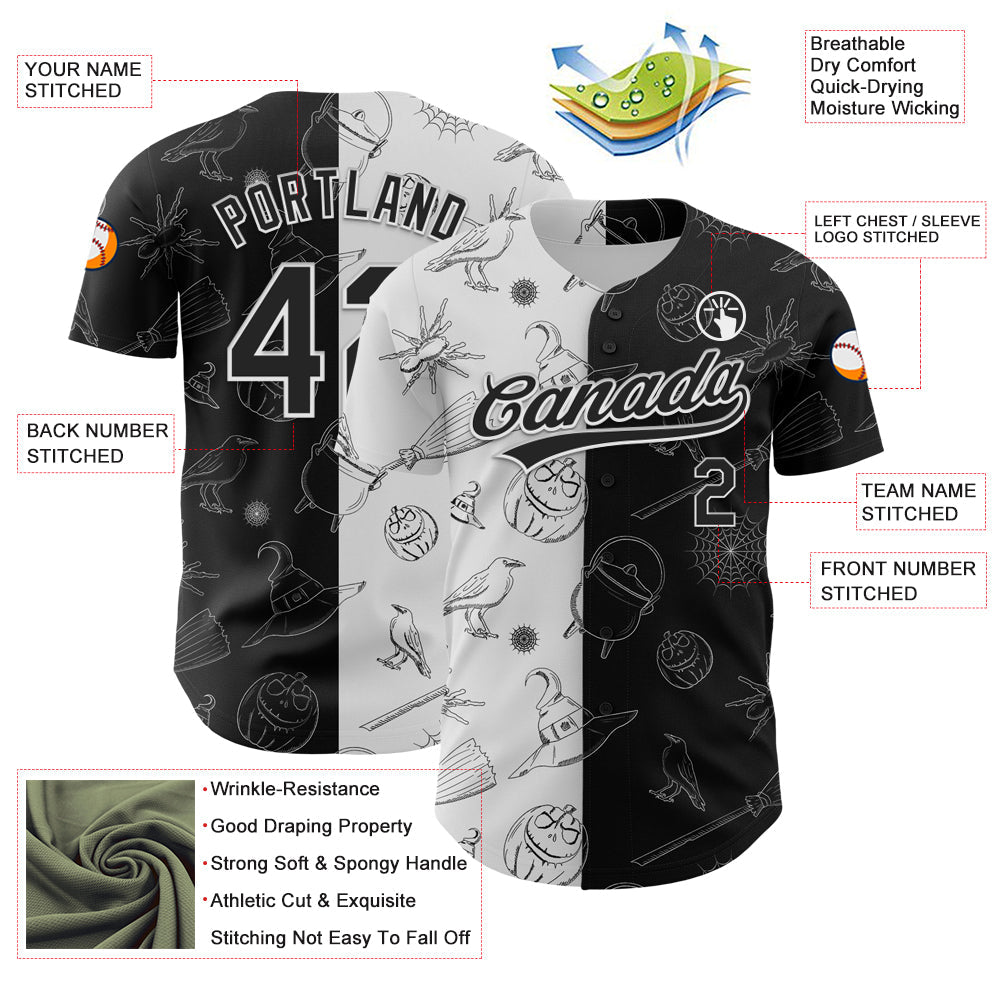 Custom Black White 3D Halloween Authentic Baseball Jersey view 3