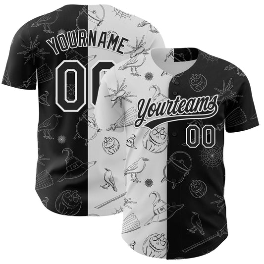 Custom Black White 3D Halloween Authentic Baseball Jersey - Main View